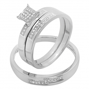0.15 Carat (ctw) Sterling Silver Round White Diamond Men and Women's Micro Pave Engagement Ring Trio Bridal Set