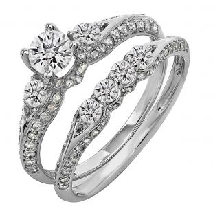 1.30 Carat (ctw) 14k White Gold Round Diamond Ladies 3 Stone Bridal Engagement Ring Set With Matching Band