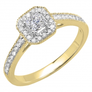 0.50 Carat (ctw) 14K Yellow Gold Princess & Round Diamond Ladies Halo Style Bridal Engagement Ring 1/2 CT