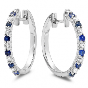 0.60 Carat (ctw) 14k White Gold Round Blue Sapphire & White Diamond Ladies Huggies Hoop Earrings