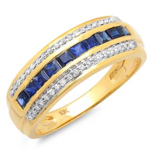 0.80 Carat (ctw) 10k Yellow Gold Princess Cut Blue Sapphire & Round White Diamond Ladies Anniversary Wedding Band 3/4 CT