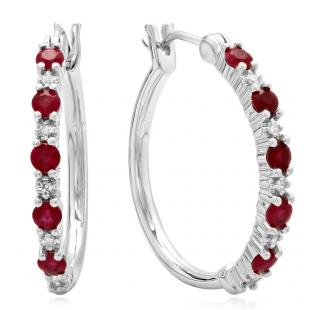 0.75 Carat (ctw) Sterling Silver Round White Diamond & Red Ruby Ladies Fine Dainty Hoop Earrings 3/4 CT