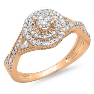 0.60 Carat (ctw) 18K Rose Gold Round Cut Diamond Ladies Crossover Swirl Bridal Halo Engagement Ring