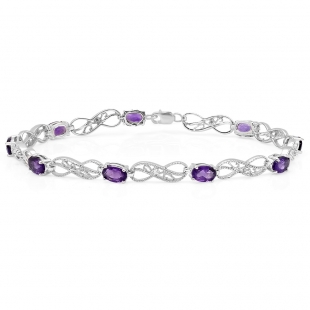 3.93 Carat (ctw) Sterling Silver Real Oval Cut Amethyst & Round Cut White Diamond Ladies Infinity Link Tennis Bracelet