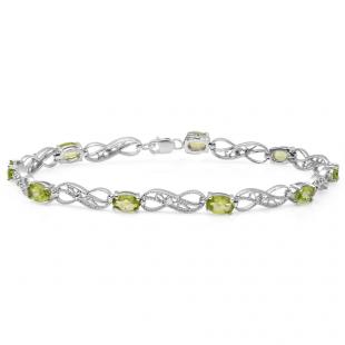 4.11 Carat (ctw) Sterling Silver Real Oval Cut Peridot & Round Cut White Diamond Ladies Infinity Link Tennis Bracelet