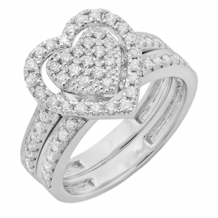 0.50 Carat (ctw) Sterling Silver Round Cut Diamond Ladies Heart Shaped Bridal Engagement Ring With Matching Band Set 1/2 CT