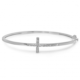 0.10 Carat (ctw) Sterling Silver Round Cut White Diamond Ladies Sideways Cross Bangle Bracelet 1/10 CT