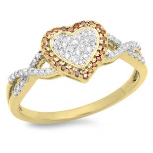 0.25 Carat (ctw) 10K Yellow Gold Round Cut Red & White Diamond Ladies Bridal Swirl Promise Heart Ring 1/4 CT