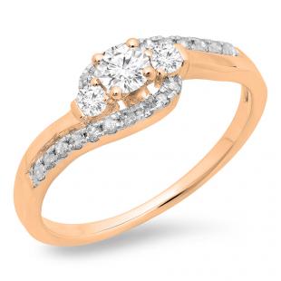 0.50 Carat (ctw) 10K Rose Gold Round Cut Diamond Ladies Bridal Bypass Swirl 3 Stone Engagement Ring 1/2 CT