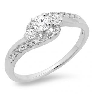 0.50 Carat (ctw) 10K White Gold Round Cut Diamond Ladies Bridal Bypass Swirl 3 Stone Engagement Ring 1/2 CT