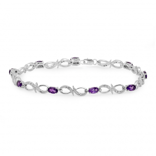 2.11 Carat (ctw) Sterling Silver Real Oval Cut Genuine Amethyst & Round White Diamond Ladies Link Bracelet