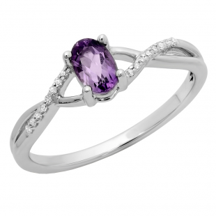 0.50 Carat (ctw) 10K White Gold Oval Cut Amethyst & Round Cut White Diamond Ladies Bridal Swirl Split Shank Engagement Promise Ring 1/2 CT