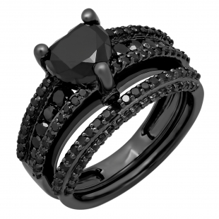 2.30 Carat (ctw) Black Rhodium Plated Sterling Silver Round & Heart Cut Black Diamond Ladies Bridal Vintage Heart Shaped Engagement Ring With Matching Band Set