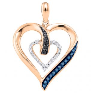 0.15 Carat (ctw) 10K Rose Gold Round Black Blue & White Diamond Ladies Fashion Double Heart Pendant