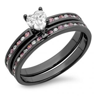 2.00 Carat (ctw) Black Rhodium Plated Sterling Silver Heart Cut White & Round Pink Sapphire Cubic Zirconia Ladies Bridal Engagement Ring With Matching Band Set 2 CT