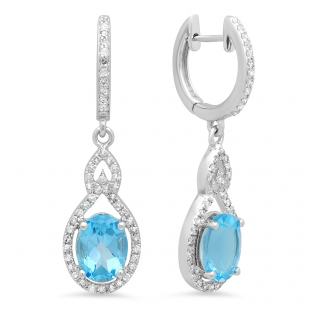 3.60 Carat (Ctw) 14K White Gold Oval Cut Blue Topaz & Round Cut White Diamond Ladies Pear Shaped Dangling Drop Earrings