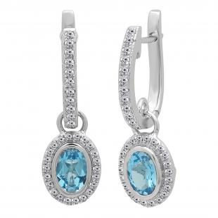 6X4mm each Oval Blue Topaz & Round White Diamond Halo Style Hinged Post Dangling Drop Earrings for Her (Diamond 0.35 Color I-J Clarity I1-I2) in 14K White Gold