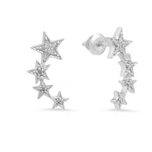 0.10 Carat (ctw) Sterling Silver Round Cut White Diamond Ladies Stars shaped Climber Earrings 1/10 CT