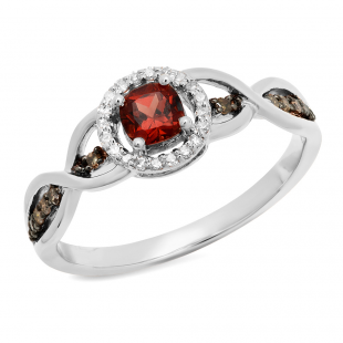 0.55 Carat (ctw) 14K White Gold Cushion Garnet & Round Champagne & White Diamond Ladies Swirl Split Shank Halo Style Bridal Engagement Ring 1/2 CT