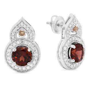 3.35 Carat (ctw) 14K White Gold Round Garnet Champagne & White Diamond Ladies Halo Style Drop Earrings