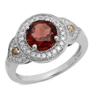 2.30 Carat (ctw) 14K White Gold Round Garnet Champagne & White Diamond Ladies Halo Style Bridal Engagement Ring