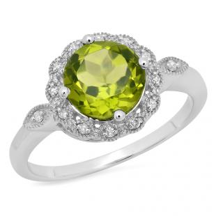 3.05 Carat (ctw) 18K White Gold Round Cut Peridot & White Diamond Ladies Bridal Halo Vintage Style Engagement Ring