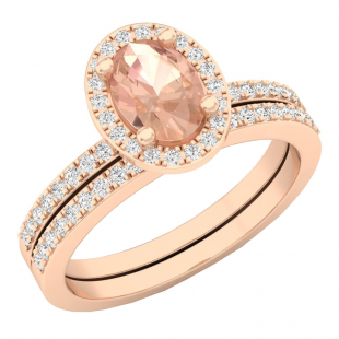 1.45 Carat (ctw) 10K Rose Gold Oval Cut Morganite & Round Cut White Diamond Ladies Bridal Halo Engagement Ring With Matching Band Set 1 1/2 CT