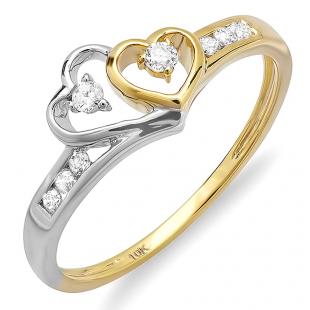 0.10 Carat (ctw) 18K White & Yellow Gold Round Diamond Ladies Bridal Promise Two Tone Double Heart Engagement Ring 1/10 CT