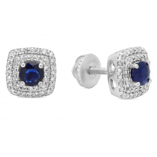 0.95 Carat (ctw) 10K White Gold Round Cut Blue Sapphire & White Diamond Ladies Halo Style Stud Earrings 1 CT