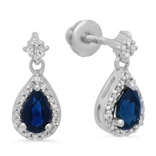 0.95 Carat (ctw) 10K White Gold Pear Cut Blue Sapphire & Round Diamond Ladies Halo Style Dangling Drop Earrings 1 CT