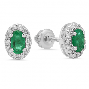 0.60 Carat (ctw) 14K White Gold Oval Cut Emerald & Round Cut White Diamond Ladies Halo Style Fashion Stud Earrings