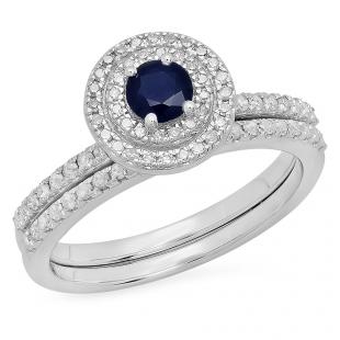 0.80 Carat (ctw) 14K White Gold Round Blue Sapphire And White Diamond Ladies Halo Style Bridal Engagement Ring Matching Band Set 3/4 CT