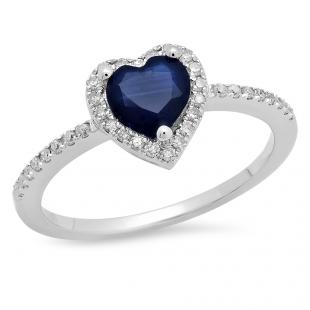 1.10 Carat (ctw) 10K White Gold Heart Cut Blue Sapphire & Round Cut White Diamond Ladies Heart Shaped Bridal Engagement Ring 1 CT