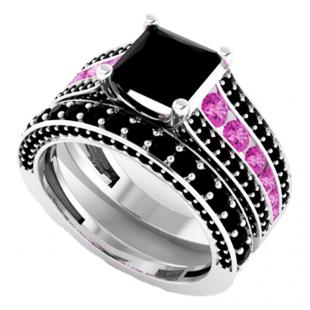 5.15 Carat (ctw) 18K White Gold Princess & Round Cut Black & Pink Cubic Zirconia Ladies Bridal Engagement Ring With Matching Band Set