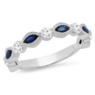 1.05 Carat (ctw) 10K White Gold Marquise Blue Sapphire And Round White Diamond Ladies Vintage Style Anniversary Wedding Band 1 CT