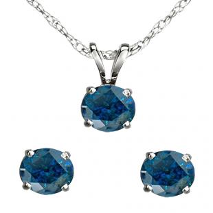 1.00 Carat (ctw) Sterling Silver Round Blue Diamond Ladies Stud Earring & Solitaire Pendant Set 1 CT