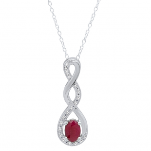 Sterling Silver 7X5 MM Oval Cut Ruby & Round White Diamond Infinity Twist Pendant (Chain Included)