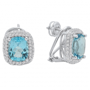 Sterling Silver 10X8 MM Each Cushion Cut Blue Topaz & Round Cut Diamond Ladies Halo Stud Earrings