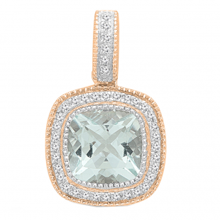 1.60 Carat (ctw) 18K Rose Gold Cushion Cut Aquamarine And Round Cut White Diamond Ladies Halo Style Pendant