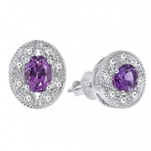 14K White Gold 7X5 MM Each Oval Cut Amethyst & Round Cut White Diamond Ladies Stud Earrings