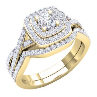 1.40 Carat (Ctw) 18K Yellow Gold Round Cut Cubic Zirconia Ladies Halo Style Engagement Ring Set