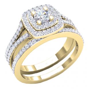 1.50 Carat (ctw) 10K Yellow Gold Round Cubic Zirconia Ladies Halo Style Engagement Ring Set 1 1/2 CT