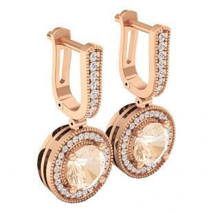 14K Rose Gold 6 MM Round Morganite & White Diamond Ladies Halo Style Milgrain Drop Earrings