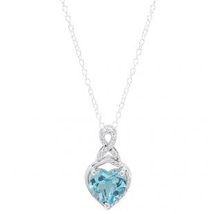 10K White Gold 8 MM Heart Shaped Blue Topaz & Round White Diamond Ladies Heart Pendant