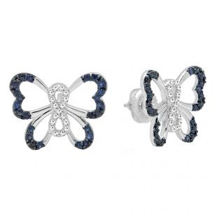 10K White Gold Round Blue Sapphire & White Diamond Ladies Butterfly Stud Earrings