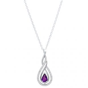 Sterling Silver 6X4 MM Pear Cut Amethyst & Round Diamond Ladies Pendant (Silver Chain Included)