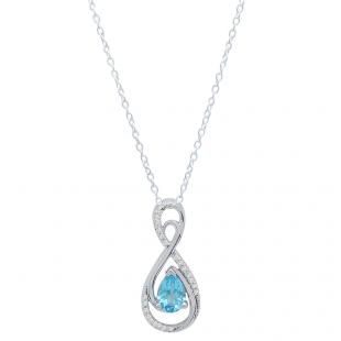 Sterling Silver 7X5 MM Pear Cut Blue Topaz & Round Diamond Ladies Pendant (Silver Chain Included)