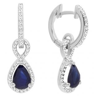 10K White Gold 7X5 MM Pear Cut Blue Sapphire & Round White Diamond Ladies Dangling Drop Earrings