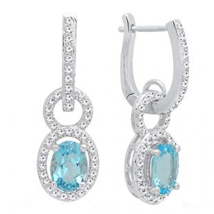 10K White Gold 7X5 MM Oval Cut Blue Topaz & Round Cut White Diamond Ladies Dangling Earrings