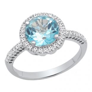10K White Gold 8 MM Round Cut Blue Topaz & Round Diamond Ladies Halo Style Engagement Ring